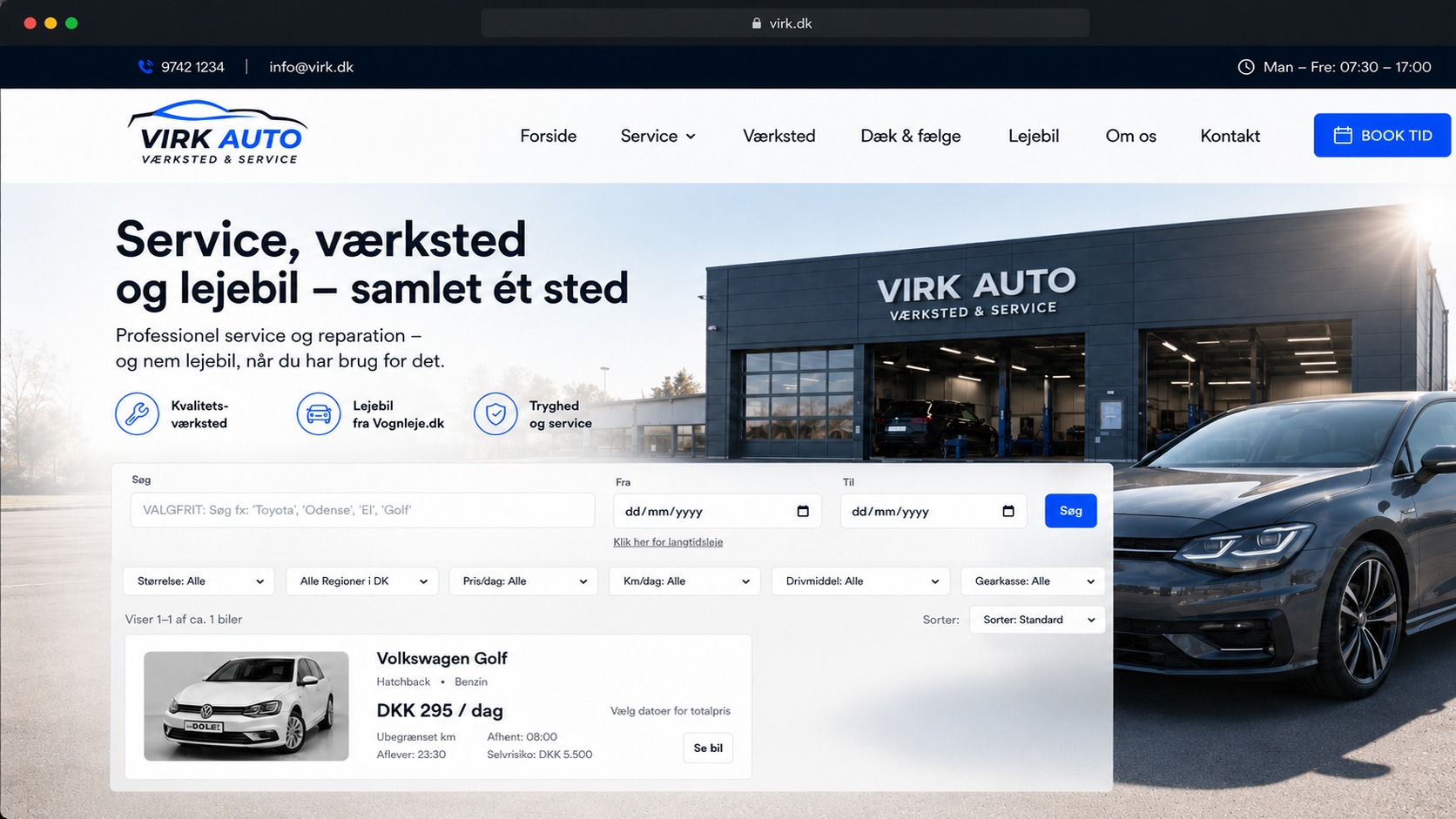 Eksempel på værkstedshjemmeside med Vognleje.dk bookingmodul